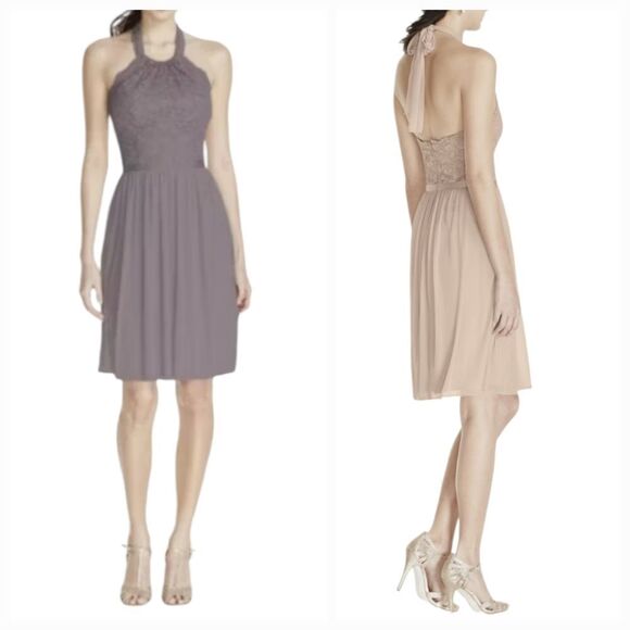 David's Bridal Short Lace Mesh Dress with Halter Neckline Biscotti Beige Size 16 - Picture 2 of 14